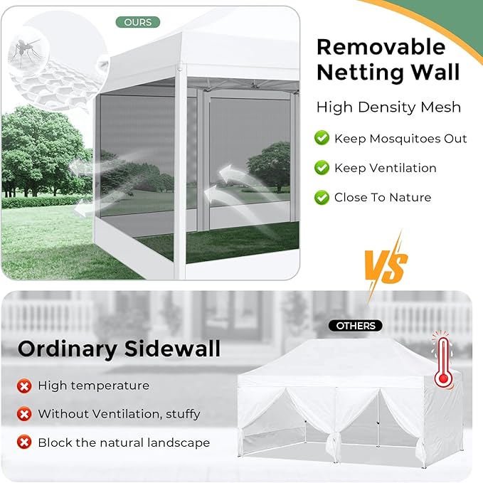 COBIZI 10x15 Heavy Duty Pop Up Canopy with 4 Sidewalls, Commercial Gazebo Party Tent with Mosquito Netting Wall Easy Set Up Outdoor Instant Screen Tent for Backyard, Patio, Garden, White