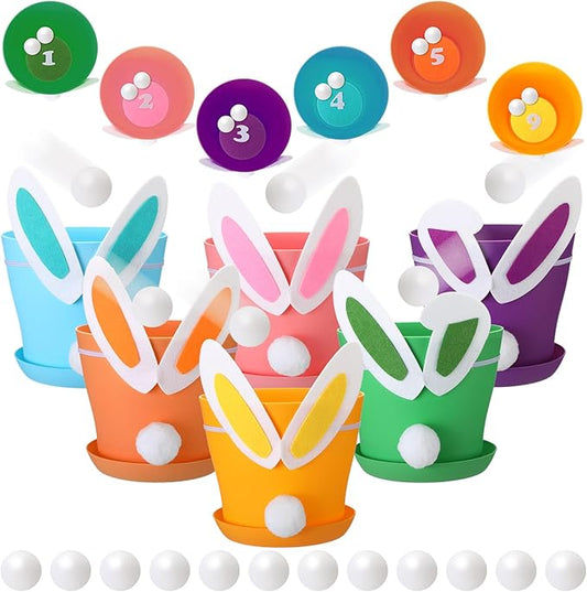 Easter Toss Ball Game with 6 Plastic Flower Pots 12 Bunny Ear Hat Decor 12 Balls Toss Play Set for Easter Party Games Spring Festival Game Family Indoor Outdoor Games Carnival Prizes