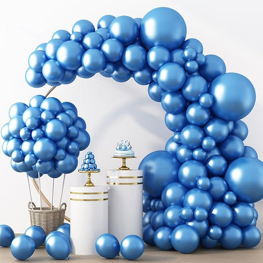 RUBFAC Metallic Blue Balloons 129pcs Different Sizes Pack of 18 12 10 5 Inch, Latex Chrome Blue Balloon Garland Arch Kit for Wedding Baby Shower Birthday Party Graduation Decorations