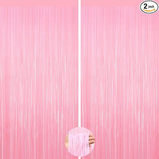 2Pack Foil Curtain Pastel Pink Backdrop Streamers Metallic Tinsel Fringe Curtains Photo Booth Props for Birthday Wedding Engagement Bachelorette Christmas Celebration Valentines Party Decorations