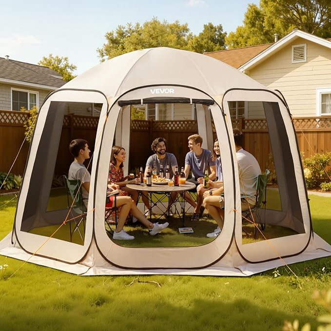 VEVOR Pop up Screen House Tent, 12 x 11 ft, 10-12 Person Screen Gazebo, Portable Screened in Canopy with Carry Bag, Netting Sides, Ground Stakes, for Garden, Patio, Backyard, Outdoor Activities, Beige