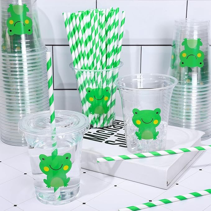 Whaline 50 Pcs Frog Disposable Plastic Cups with Lids and Straws Cute Green Frog Party Cups Cold Beverage Drinking Cups for Baby Shower Birthday Party Supplies