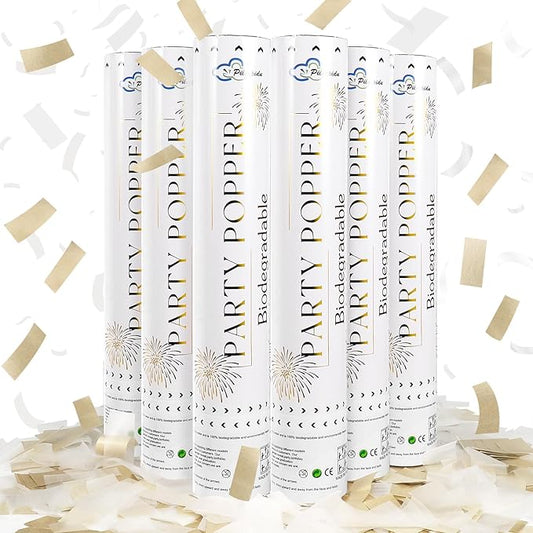 White Mix Gold Rice Confetti Cannon,6Pack Biodegradable Mulitcolor Confetti Poppers Party Shooters,12inch Party Poppers For Lawns Wedding,Birthday,Celebrations,Photo Shoots and New Years.