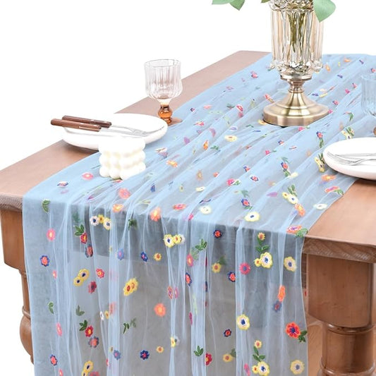 Joanlody 3pcs Blue Embroidery Daisy Spring Summer Table Runner Florals Seasonal Easter Tulle Table Runner Holiday Kitchen Dining Table Decoration Wedding Party