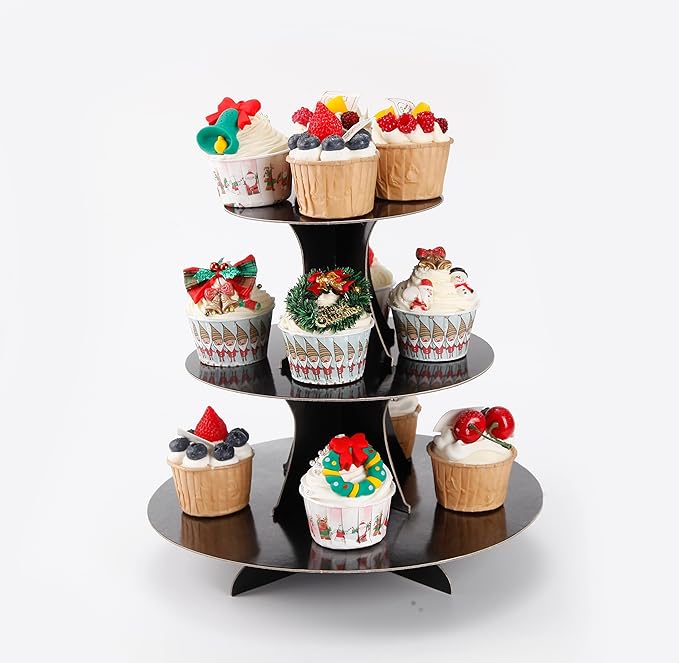 YLDW Cupcake Stand 2Pcs, 3-Tier Cupcake Stand Display, Cardboard Cup Cake Tower Stand, Disposable Dessert Stand for Birthday Tea Party Baby Shower Treat Decorations, Black