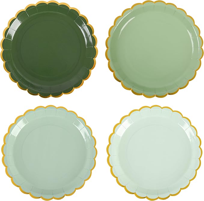 AimFun 24 Pcs Sage Green Scalloped Party Plates St Patricks Day Gold Foil Paper Plates Disposable 9inch Gradient Serving Plates for Birthday Wedding Bridal Baby Shower Party Supplies