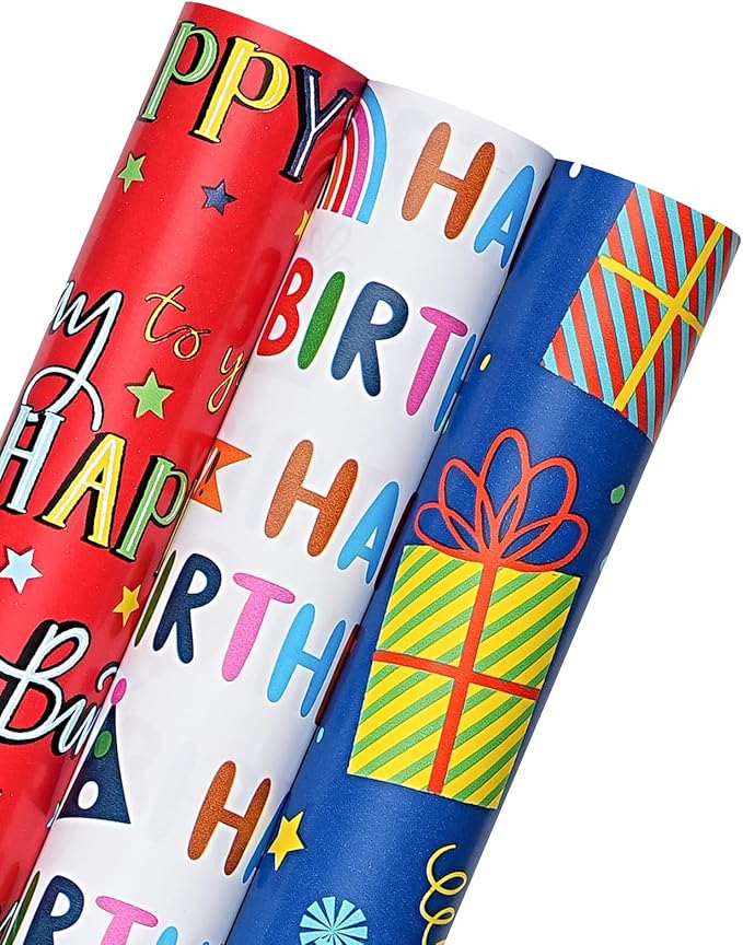 WRAPAHOLIC Birthday Wrapping Paper Roll - 3 Mini Rolls - 17 Inch x 120 Inch Per Roll - Gift Box and Happy Birthday Wrapping Paper for Boys Girls Kids, Baby Shower