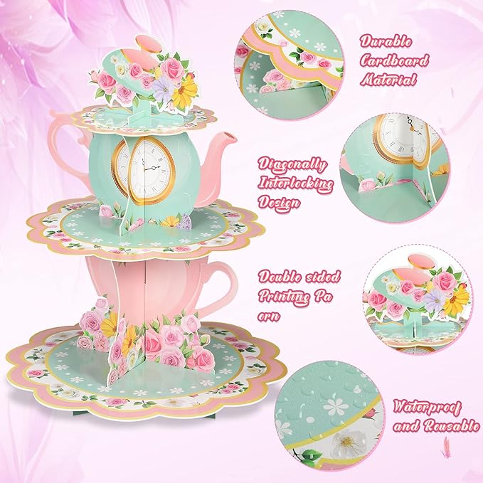 Zopeal 3 Tier Floral Tea Party Cupcake Stand Decorations Spring Vintage Teapot Cupcake Holder Talking Dessert Tower for Flower Theme Baby Shower Princess Birthday Wedding Supplies