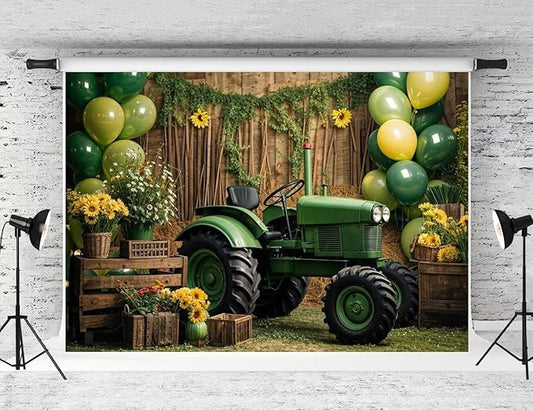 Kate Green Balloon Tractor Photo Backdrop Summer Sunflowers Background Farmhouse Barnyard Birthday Party Photo Background Studio Props,8x6ft