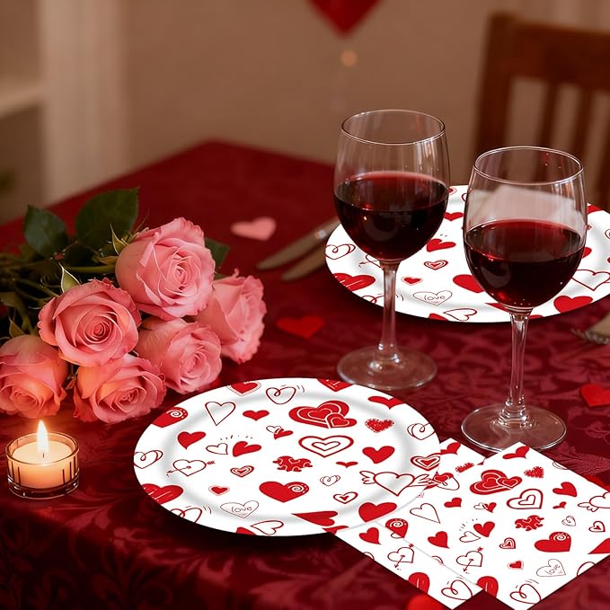 40 Pcs Valentines Day Plates and Napkins Party Supplies, Red Heart Valentine Paper Plates Napkins Disposable Tableware Set for Anniversary Wedding Mother's Day Party Decorations