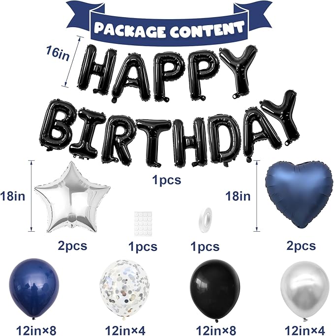 Navy Blue and Black Birthday Decorations for Men,Blue Black White Balloons Happy Birthdays Balloon Banner Silver Confetti Balloons for Men Boy Girls Women Adults Birthday Party Decorations