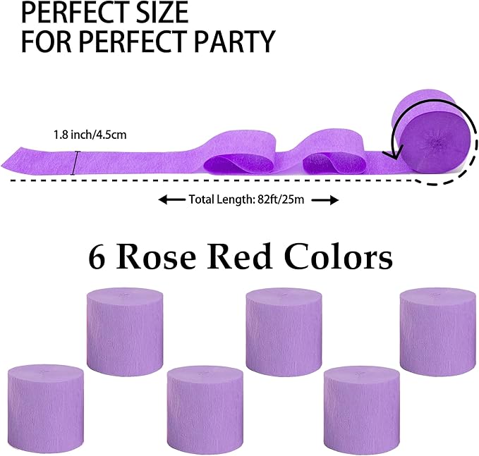 Crepe Paper Streamers 6 Rolls 492ft,Pack of Light Purple Streamers Party Decorations,Crepe Paper Roll for Birthday,Wedding,Bachelorette,Bridal Shower Decorations (1.8 Inch x 82 Ft/Roll)