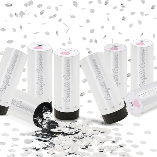 Confetti Cannon 8 Pack Small Silver Confetti Poppers ideal for Weddings, Birthdays, Graduations, Baby Showers, New Year's Eve Parties Fun Party Decorations