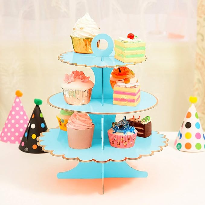 Rocutus Cupcake Stand,3 Set of 3-Tier Dessert Plates Mini Cakes Fruit Candy Display Tower Cookie Tray Rack Candy Buffet Holder Cake Stand Cardboard Cupcake Stand Tiered Serving Stand (Blue)