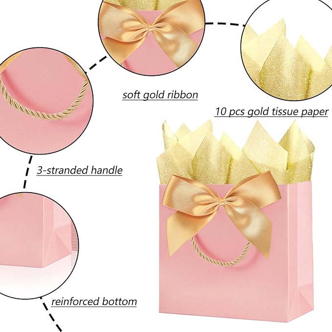 SHIPKEY 10PCS Pink Gift Bags, 11"x4"x8" Medium Welcome Bags, Luxury Shopping Bags with Ribbon Handle and Bows (28x10x20cm)