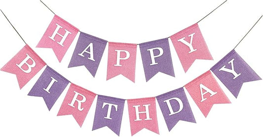 Pre-Strung Pink and Purple Happy Birthday Banner, No DIY Burlap Banner, Colorful Party Decorations for Girls, Reusable Fabric, Ready to Hang Birthday Decor