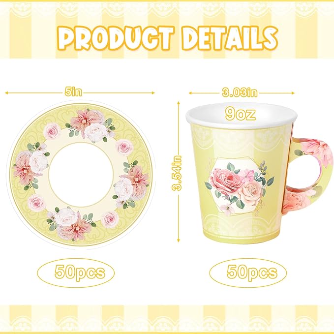 Zopeal 100 Pcs Disposable Tea Party Decorations 9 oz Floral Paper Cup with Handle and Saucer Set for Mother Day Wedding Birthday Spring Princess Blossom Party Baby Shower Supplies(Light Yellow)