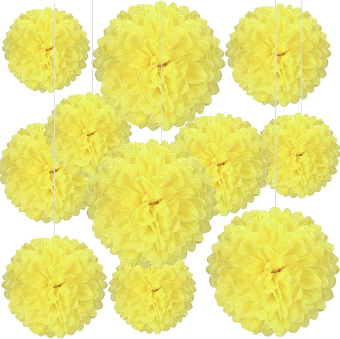 20 PCS Light Yellow Tissue Paper Pom Poms, Tissue Pom Poms Flowers, Sizes of 6", 10", 12", 14" Hanging Paper Flower Ball for Wedding, Birthday, Halloween, Christmas, Baby Shower Party Decor