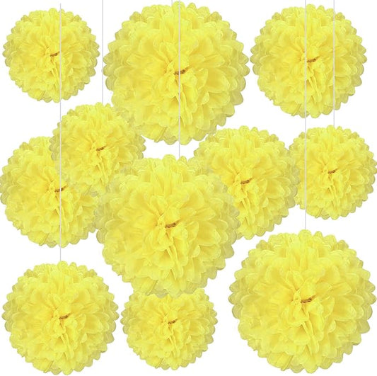 20 PCS Light Yellow Tissue Paper Pom Poms, Tissue Pom Poms Flowers, Sizes of 6", 10", 12", 14" Hanging Paper Flower Ball for Wedding, Birthday, Halloween, Christmas, Baby Shower Party Decor
