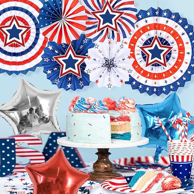 TONIFUL 24Pcs 18 Inch Red Blue Silver Star Balloons 4th of July Patriotic Star Shape Foil Balloon for Patriotic Party Supplies Independence Day Labor Day Birthday Party Decoration