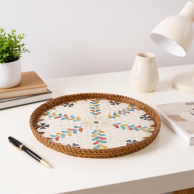 Round Rattan Tray with Mother of Pearl Inlay, Handwoven Wicker Coffee Table Serving Basket Tray for Fruit Snack Party Picnic Cafe Bedroom Kitchen Home Decor Set of 2 (Colorful Wicker)