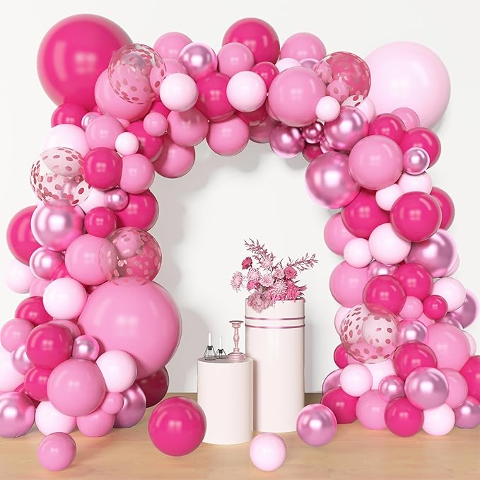 Amandir 153 Pcs Pink Balloon Arch Garland Kit, Different Sizes 18 12 10 5 inch Latex Metallic Confetti Hot Pink Balloons for Mothers Day Baby Shower Birthday Princess Wedding Party Decorations
