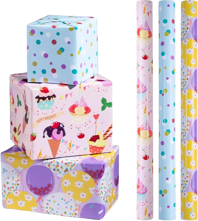 LeZakaa Cupcake Birthday Wrapping Paper Roll, Cupcake, Ice Cream, Balloon, Polka Dot in Blue for Birthday, Baby Shower Party Favor for Kids, Baby Girl, Women, Mini Roll, 17 x 120 inches, 3 Rolls