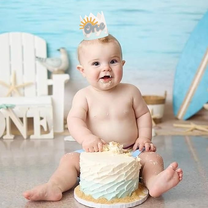 Summer 1st Birthday Decorations - Wave One Birthday Crown,Baby Beach Surfing Party Crown,The Big One Wave Cake Smash Photo Props,Summer Sun First Birthday Hat Outfit