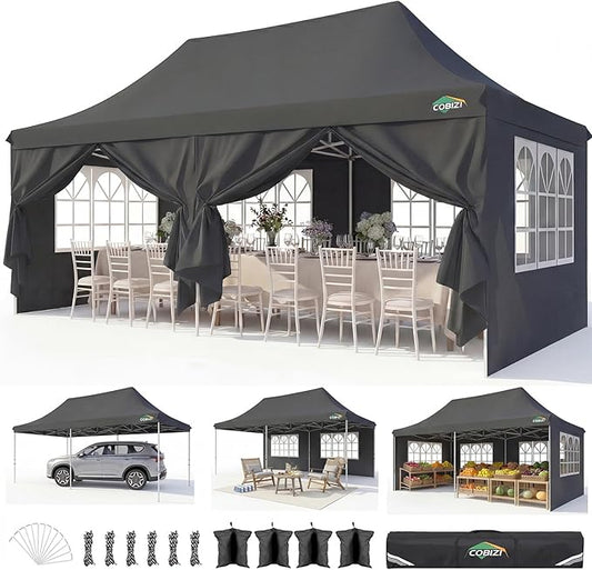COBIZI 10x20 Pop Up Canopy with 6 Sidewalls, Conical Canopy Tents for Parties, Backyard, Commercial, Waterproof Event Tent Instant Shelter UV50+ Outdoor Gazebo with 4 Sandbags (Peak Drainage)