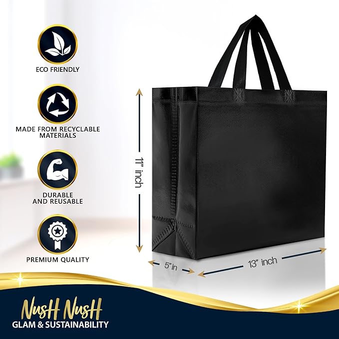 Nush Nush Set of 30 Black Gift Bags Bulk - Shiny Black Reusable Large Gift Bags with Handles - Ideal for Small Business, Big Parties and Events, Corporate Gifts, Halloween, Graduation - 13x5x11