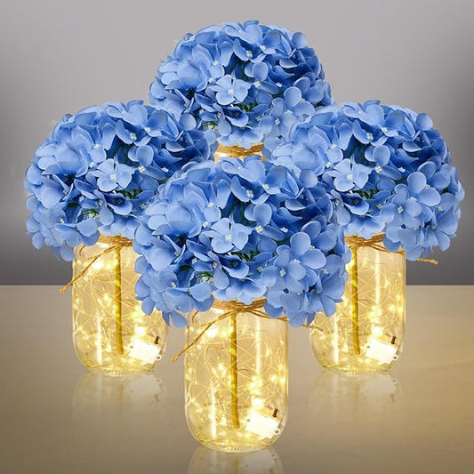 4 Sets Mason Jar Centerpiece with LED Lights and Blue Hydrangea Fake Flowers Vase for Wedding Bridal Shower Party Coffee Table Decor