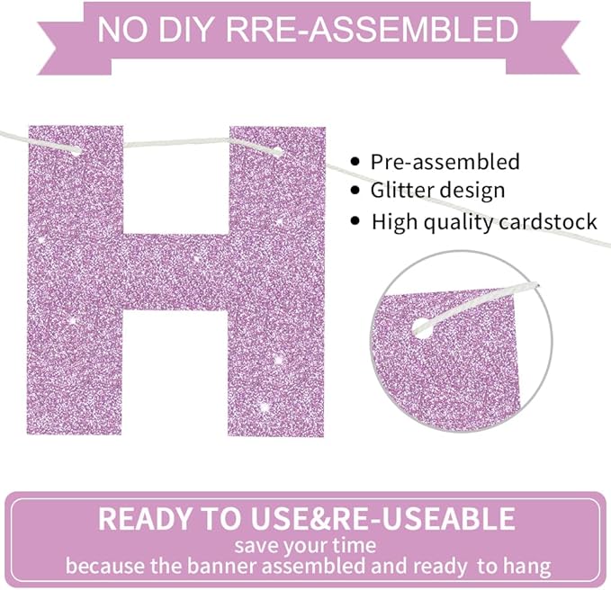 BEISHIDA Happy Birthday Banner - Pre-Strung No DIY Birthday Decorations - Happy Birthday Sign - Birthday Banner for Women, Kids - Backdrop Light Purple