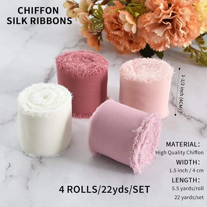TONIFUL 4 Rolls Silk Chiffon Ribbon, 1-1/2 Inch x 22yds Dusty Pink and Cream Chiffon Ribbons Set, Handmade Fringe Valentine Ribbon for Gift Wrapping Bridal Bouquets Wedding Valentine Day Decoration