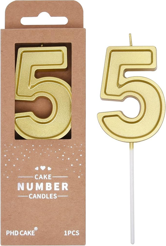 PHD CAKE 2.76 Inch Luxe Gold 5 Number Birthday Candles, Gold Number Candle, Cake Number Candles, Party Celebration
