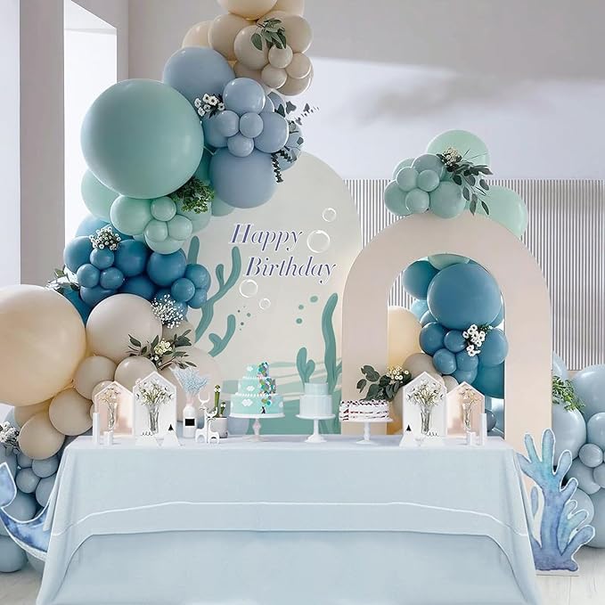 147pcs Under the Sea Balloons Garland Arch Kit with Dusty Slate Blue Pastel Green Sand White Latex Balloons for Ocean Themed Under the Sea Baby Shower Birthday Party Decorations