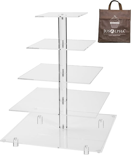 Jusalpha Large 5 Tier Cupcake StandAcrylic Square Wedding Cake Stand/Cupcake Tower/Dessert Stand/Pastry Serving Platter/Food Display Stand (5SF)