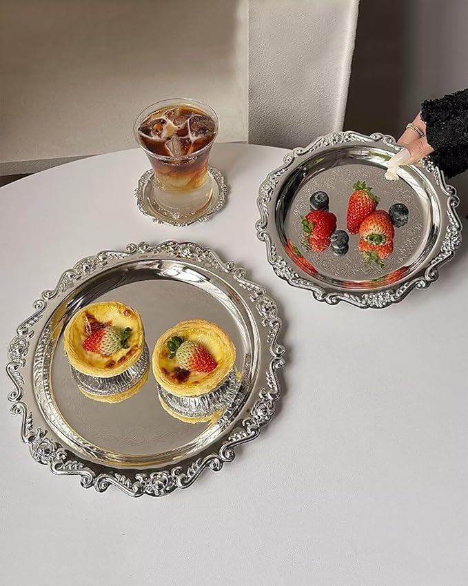 Round Decorative Tray 7.9in Metal Dessert Plates Vintage Coffee Table Tray for Snacks Fruit Silver