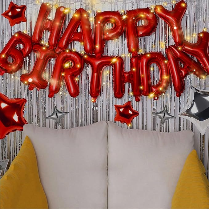 CANREVEL Happy Birthday Banner 13pcs 16 Inch Mylar Foil Letters Sign Balloons with LED Lights Birthday Party Decorations for Kids and Adults - 3D Red