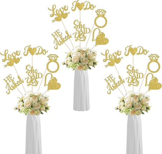 12 Pack He Asked She Said Yes Centerpiece Sticks Love Heart I do Ring Table Centerpiece Sticks for Wedding Engagement Bridal Theme Party Supplies Gold (gold)