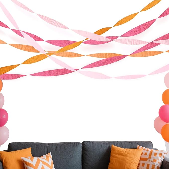 Hot Pink Orange and Pink Crepe Paper 6 Pcs Streamers for Party Decorations, Birthday Wedding DIY Crafts, Gift Wrapping Supplies