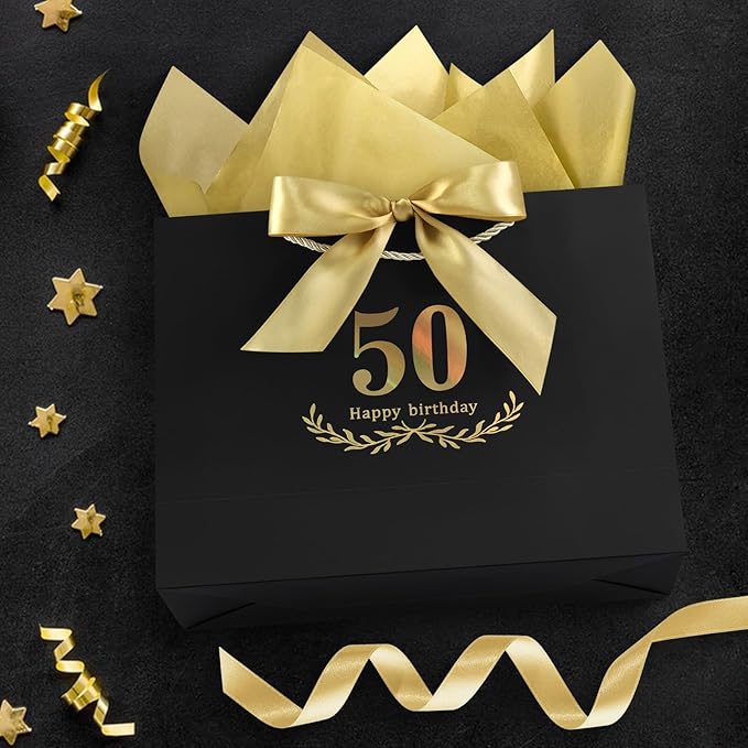 JMANNI Black Gold 50th Birthday Gift Bag with Card and Tissue Paper, 12.6"×9.84"×3.9" Elegant Present Bag for Men Women, 50 Year Old Birthday Keepsake Party Supplies