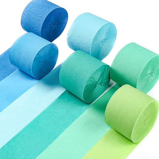 PartyWoo Crepe Paper Streamers 6 Rolls 492 ft Pack of Blue Pastel Blue Green and Lime Crepe Paper for Graduation Wedding Baby Shower Gender Reveal Birthday Party Decorations (1.8 Inch x 82 Ft/Roll)