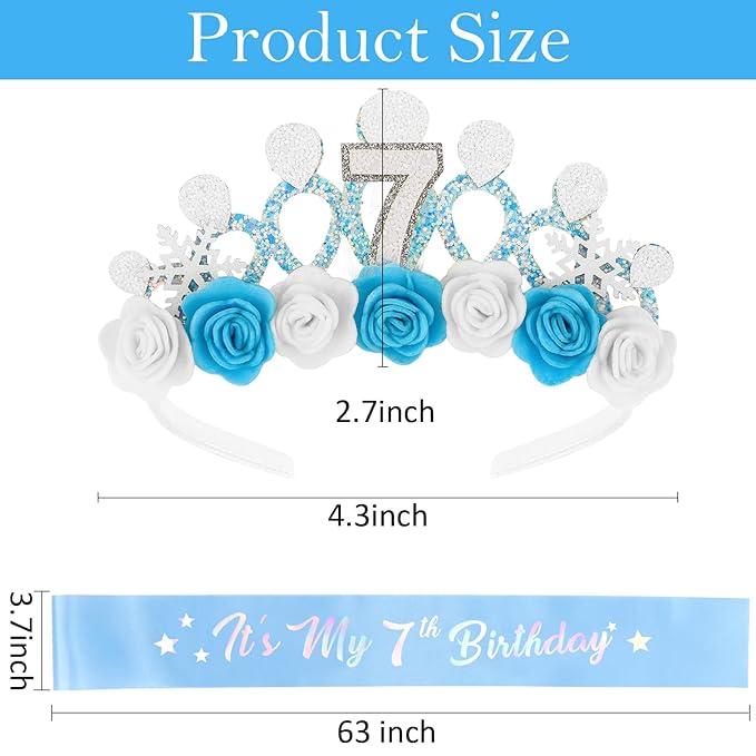 CUBACO 7th Birthday Crown Headband and Sash, 7 Year Old Girl Birthday Gifts for Blue Princess Crown, Frozen Party Decorations Favors for Girls Outfit