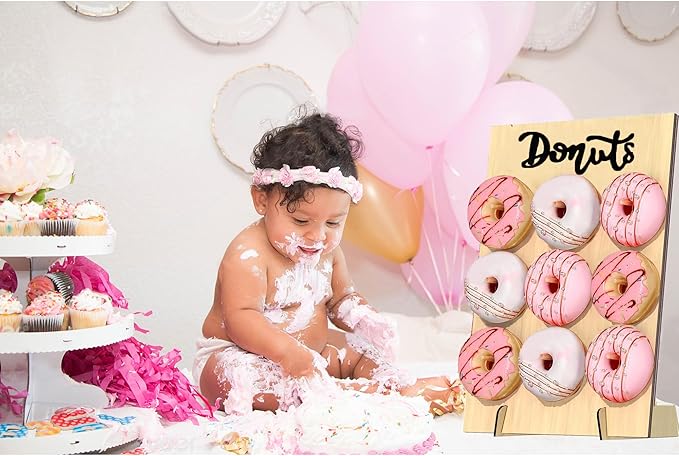 Donut Wall Display Stand 2PCS Donut Board Display with 2PCS Donut Tower Stand, Wooden Donut Holder Stand for Baby Shower Party Wedding Birthday