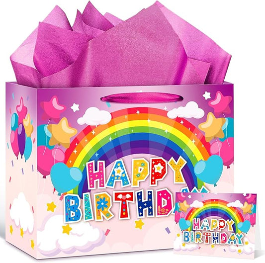 Large Birthday Gift Bag for Girls Kids Happy Rainbow Birthday Gift Bag with Greeting Card and Tissue Paper Colorful Birthday Gift Wrapping Paper Bag for Girls Birthday Baby Shower Party Supplies Decor