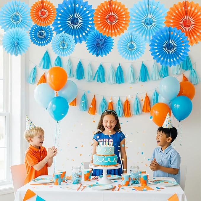 BEISHIDA Blue Dog Tissue Hanging Honeycomb Round Paper Fans Decoration Set for Orange Light Blue Birthday Baby Shower Backdrops Dog Theme Party Supplies(11 Packs)