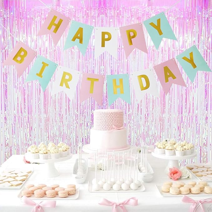 Happy Birthday Banner Birthday Party Supplies Garland Decorations Pink White Light Green Birthday Signs Nursery Hanging Decor (Tricolor)