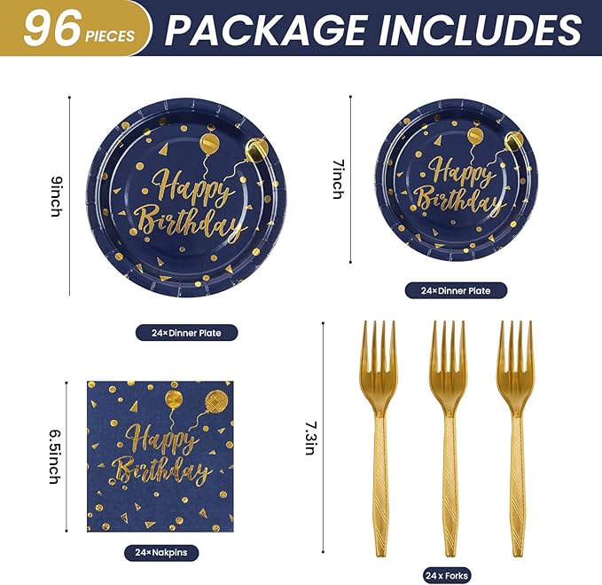 96PCS Happy Birthday Plates and Napkins Party Supplies, Black and Gold Disposable Paper Plates and Napkins with Forks Tableware Set for Birthday Party Decorations 24 Guests (Birthday Blue)