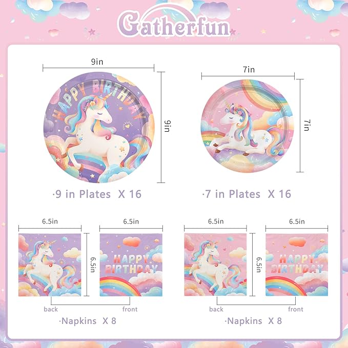 Unicorn Party Supplies Set for 16 - Unicorn Birthday Decorations with Dinner & Dessert Plates， Napkins - Ideal birthday Party Favors & Decor Kit