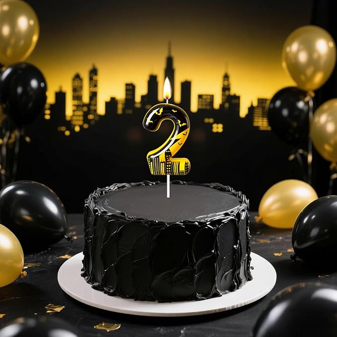 Black Yellow Number 2 Birthday Candle for Cake – Dark Night Hero Style with Bat & City Silhouette Design – Unique Cake Topper for Birthday, Anniversary, Themed Party Decoration